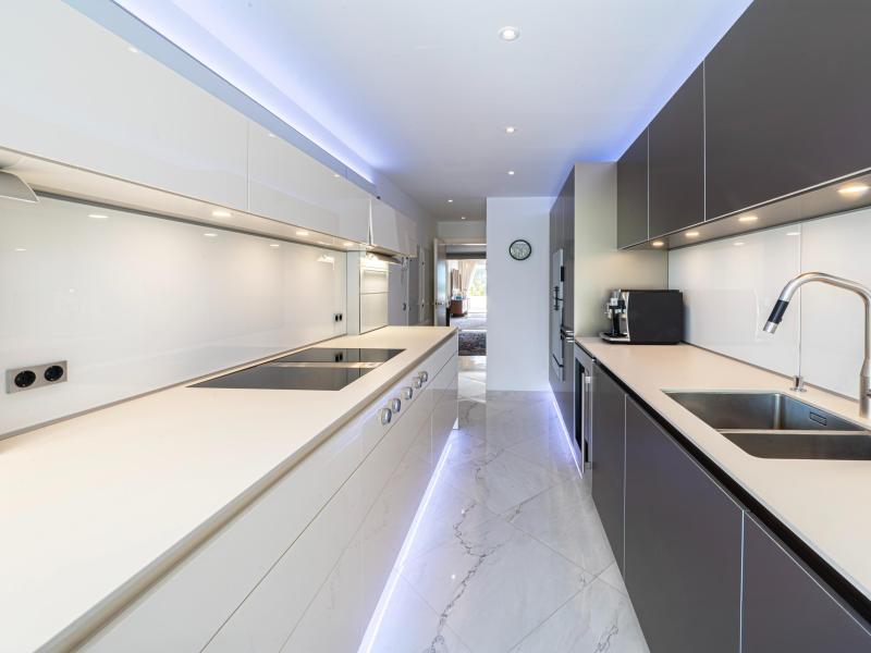 Fully equipped modern kitchen in white and graphite